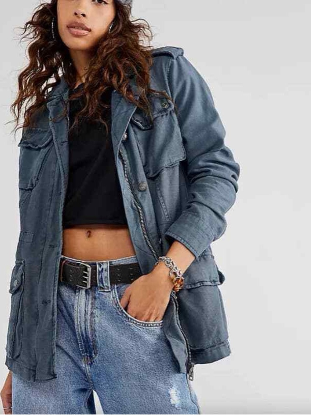 Free People Slate Blue Utility Jacket with Pocket Details